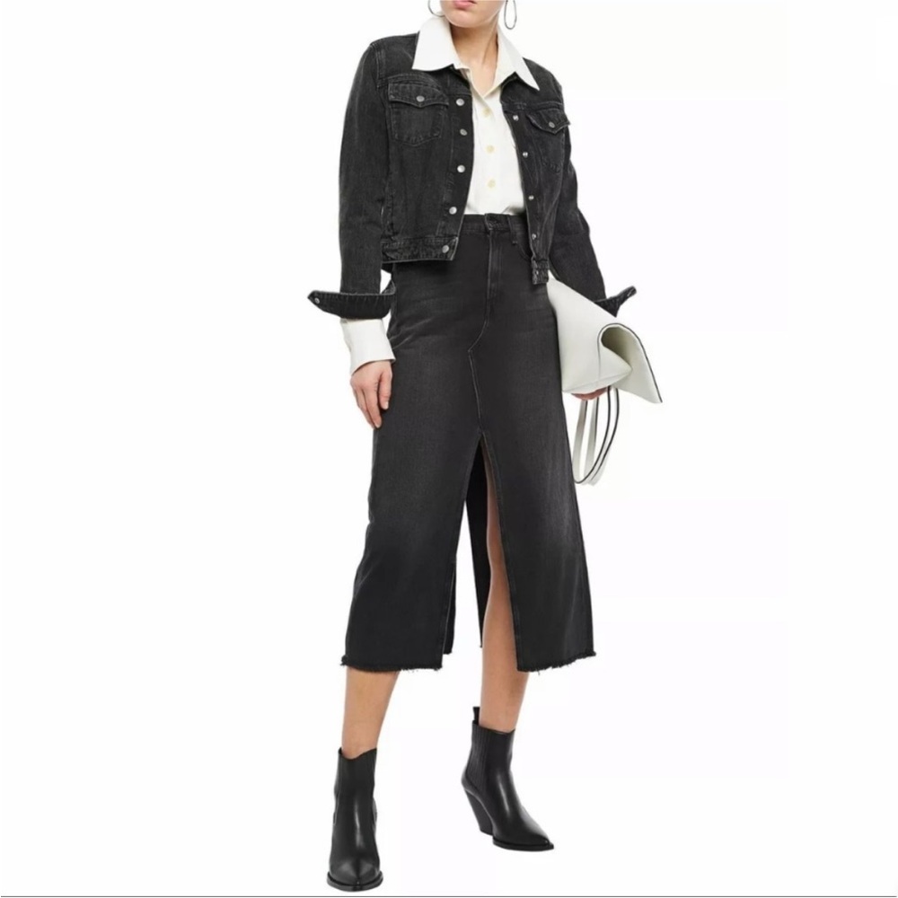 RAG & BONE Denim Midi Skirt Women's 25 Black High Rise Front Slit Raw Hem Cotton
